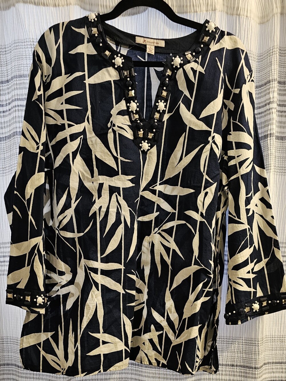JM Collection Navy and Cream Embellished V-Neck Tunic
